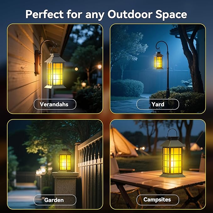 2 Pack 13" Black Solar Lantern with Flickering Flame Candle | Outdoor Waterproof Hanging Solar Lanterns, Metal & Glass Lights for Garden Decoration, Rustic Gifts for Mom