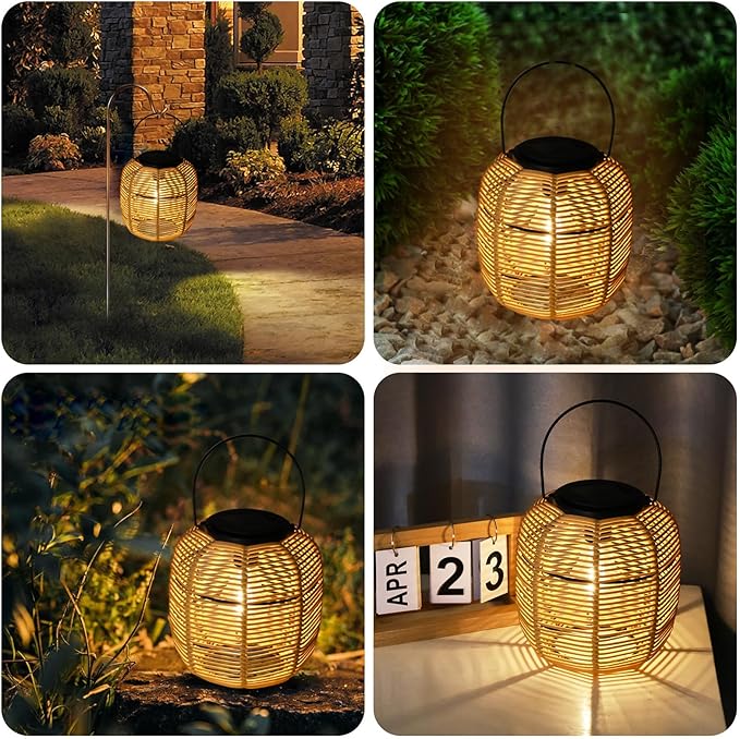 Hanging Solar Lanterns Outdoor Waterproof, 2 Pack Rattan Outdoor Lanterns, Outdoor Solar Hanging Lights, Lantern Lamp Decorations for Outside Yard Garden Pathway Porch Indoor Table Rattan Decor