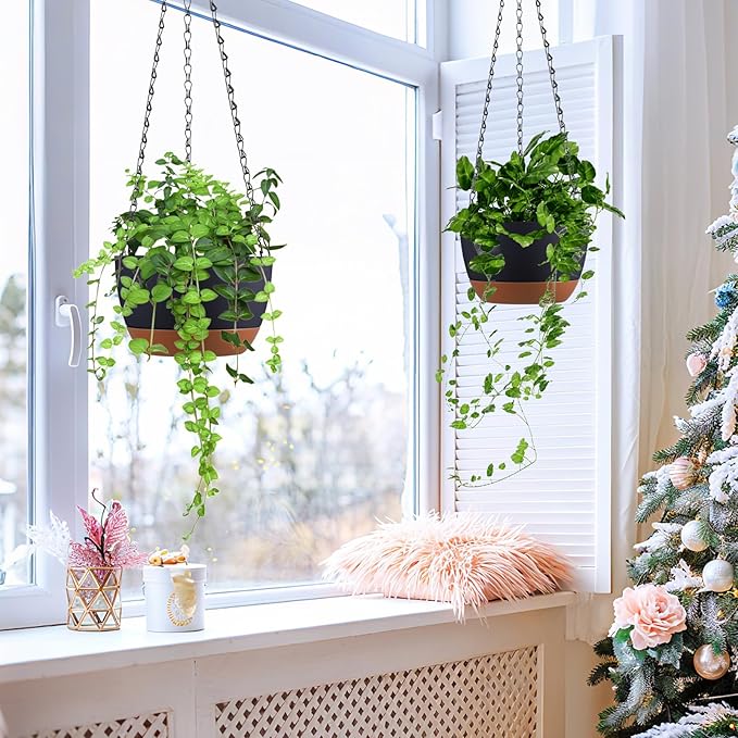 Set of 2 8 Inch Self Watering Hanging Planters for Indoor Outdoor Plants, Color Blocking Hanging Baskets Flower Pots with Drainage Hole & Removable Water-Storage Tray