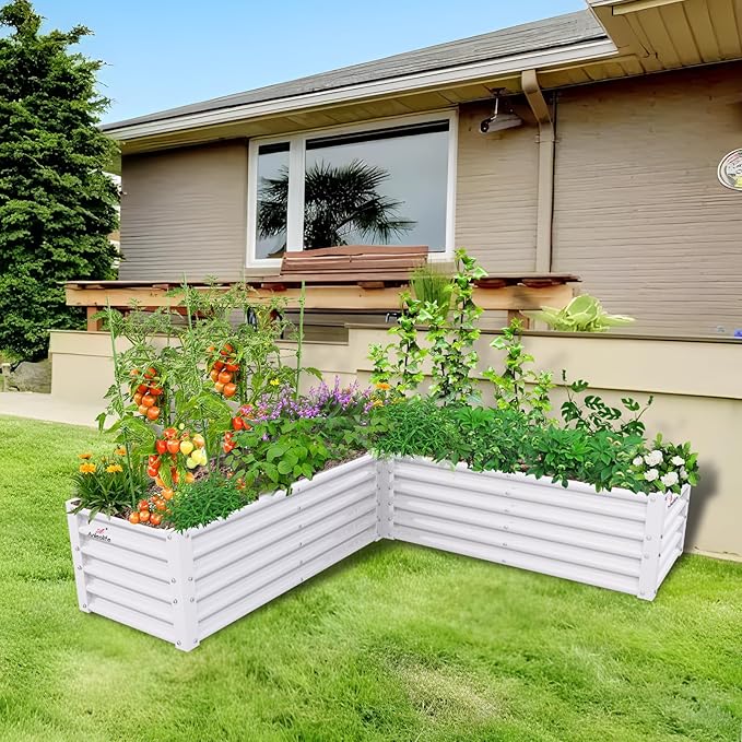 A ANLEOLIFE 2 Set L-Shaped Galvanized Raised Garden Beds Outdoor,74x74x18in Large Metal Planter Box for Planting Vegetables Flowers Herb, Anti-Rust & Easy-Setup, Antique White