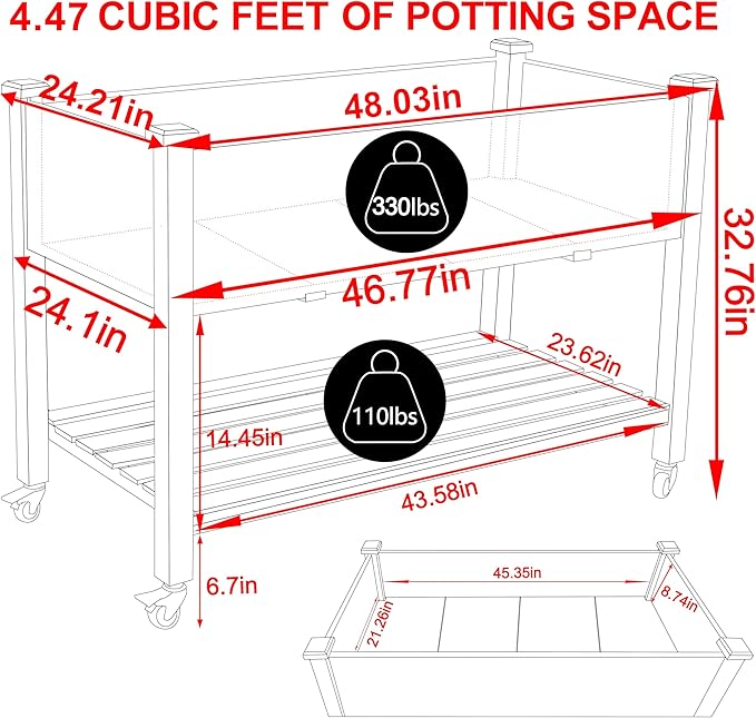 48x24x33in Raised Garden Bed Featuring Legs, Outdoor Elevated Wood Planted Box Equipped with Wheels & Shelf for Vegetable Flower, Backyard and Patio, Rustic
