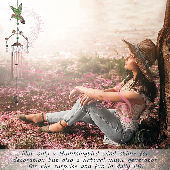 Wind Chimes - Green Hummingbird Wind Chimes for Outside Deep Tone 34 inches 5 Aluminum Tubes, Thanksgiving, Christmas, Birthday Gifts for Mom, Grandma, Decorations for Home, Garden, Patio, Backyard