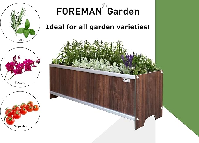 Foreman Raised Garden Bed 10 Year Warranty 36”Lx12”Wx14”H Premium Plastic Wood Grain Aluminum Frame Elevated Planter Box for Backyard Patio Balcony, Tosca