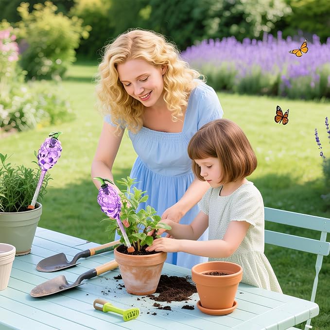 Plant Watering Globes, Grape Shape Self Watering Globes, Plant Watering Devices, 3PCS Purple+Green Color Clear Glass Bulbs Self Watering Planter Insert