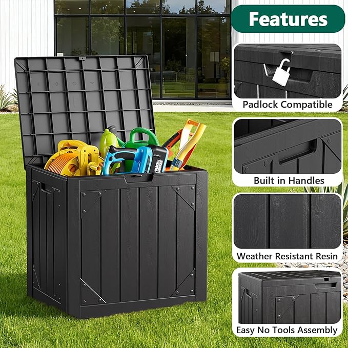 MAKE CHANGES Outdoor Storage Box,30 Gallon Deck Box Outdoor Storage Bench Outside Waterproof Resin Storage Bench, Lockable Patio Cushions, Garden Tools Storage For Furniture, UV Resistant(Black)