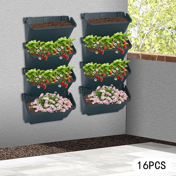 Self Watering Outdoor Wall Mounted Planter Vertical Garden with 16 Pockets Plastic Plant Grow Pots for Hanging Flower Herbs Vegetables Home Indoor Outdoor Green