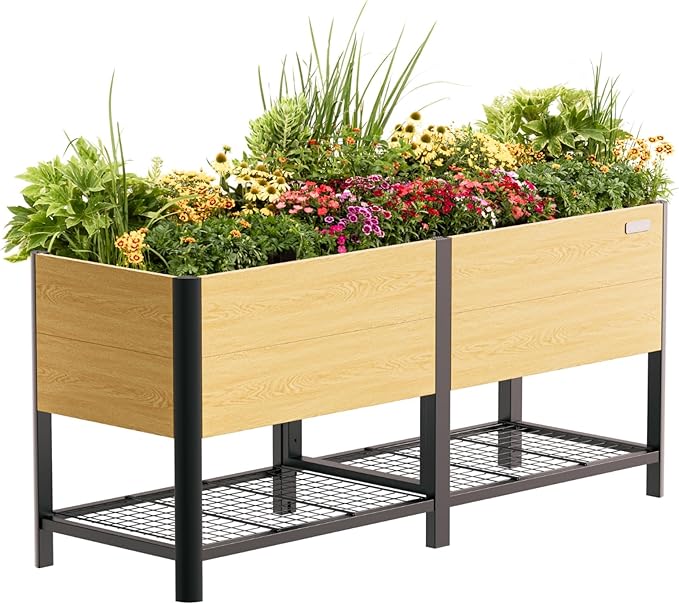 Raised Garden Bed with Legs, 2' x 6' Metal Woodgrain Elevated Outdoor Planters Boxes with Storage Rack for Patio, 1400 lbs Weight Capacity, Raised Beds for Gardening Herb Flowers Vegetables