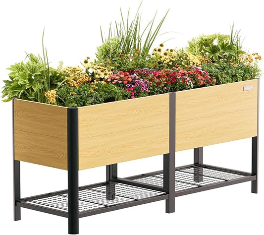 Raised Garden Bed with Legs, 2' x 6' Metal Woodgrain Elevated Outdoor Planters Boxes with Storage Rack for Patio, 1400 lbs Weight Capacity, Raised Beds for Gardening Herb Flowers Vegetables
