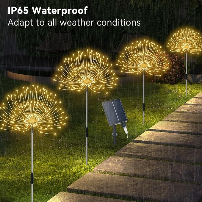 Solar Garden Lights Outdoor Waterproof, 4 Pack Total 480 LED Solar Firework Lights Decorative with 8 Lighting Modes Outside for Yard Pathway Flowerbed Decor, Warm White
