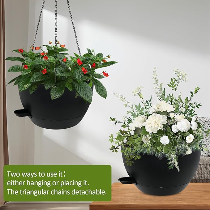 WOUSIWER Self Watering Hanging Planters, 2 Pack 12'' Plastic Pots with Drainage Holes & Reservoir Tray (Black) | Indoor & Outdoor Use for Ferns, Ivy, Herbs, Succulents