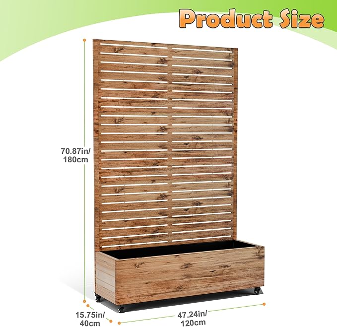 Metal Raised Garden Bed with Trellis, 2-in-1 Planter Box & Privacy Screen for Climbing Plants, Outdoor Standing Flower Bed with Drainage Holes, 47.2" L x 16.7" W x 70.8" H, Natural Wood Grain