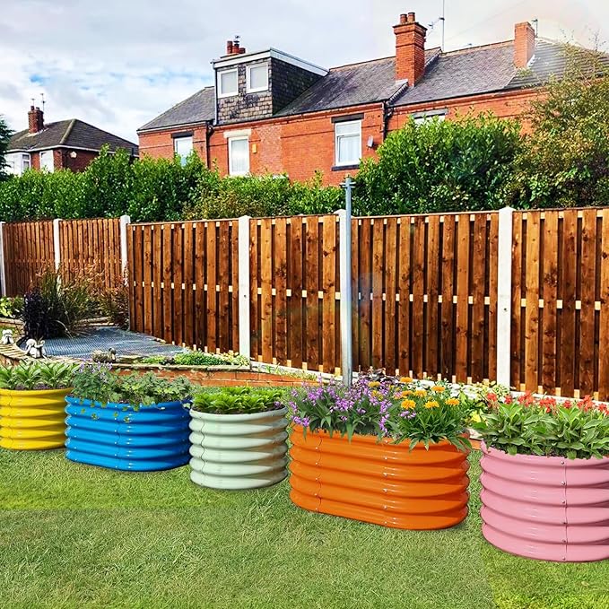 A ANLEOLIFE 5-Pack 18in Tall Kids Mini Raised Garden Beds Outdoor, 40x24in Oval & 24x24in Round Galvanized Metal Planter Box for Planting Vegetables, Flowers, Fruits, Eco-Safe & Easy Setup