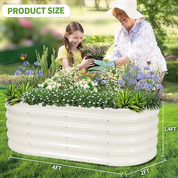Permade Galvanized Raised Garden Bed - 4x2x1.4FT Metal Planter Boxes Outdoor | Oval Steel Raised Bed Kit for Gardening with Protective Tape, Gloves for Vegetables, Flower, Herb (White)