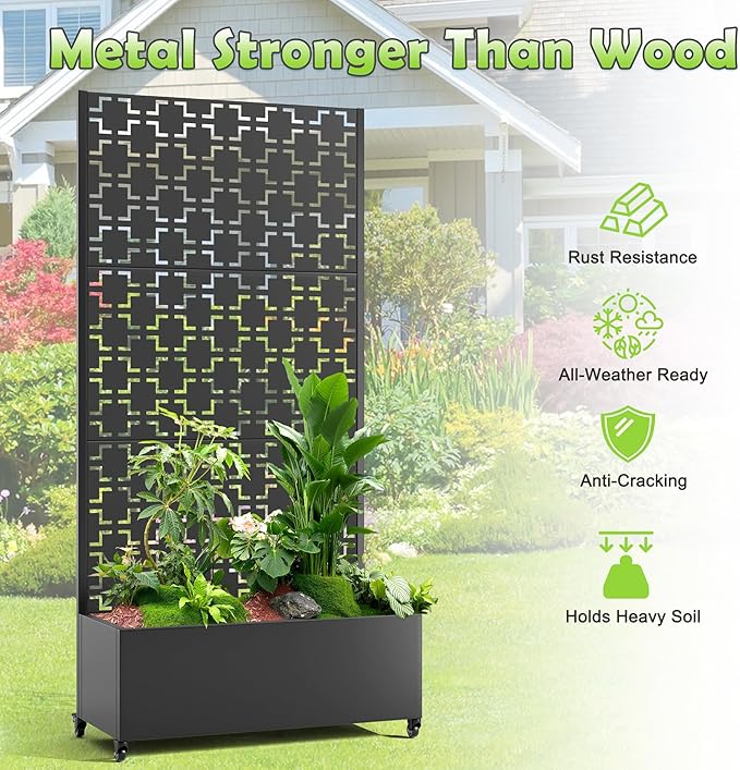 15.7"×70.9"×35.4" Metal Raised Garden Bed with Trellis and Wheels - Tall Trellis Planter Box for Climbing Plants, Vegetables & Vines - Outdoor Privacy Planters for Patio (Black-Square)