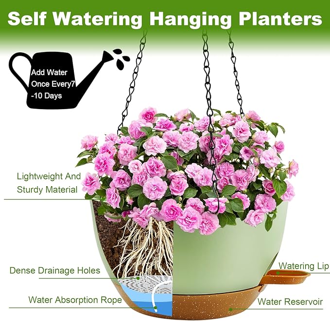 10 inch Hanging Planters for Indoor Plants, 3 Pack Self-Watering Hanging Planter Pots with Chain and Drainage Holes, Outdoor Plastic Hanging Baskets for Garden Home Decor