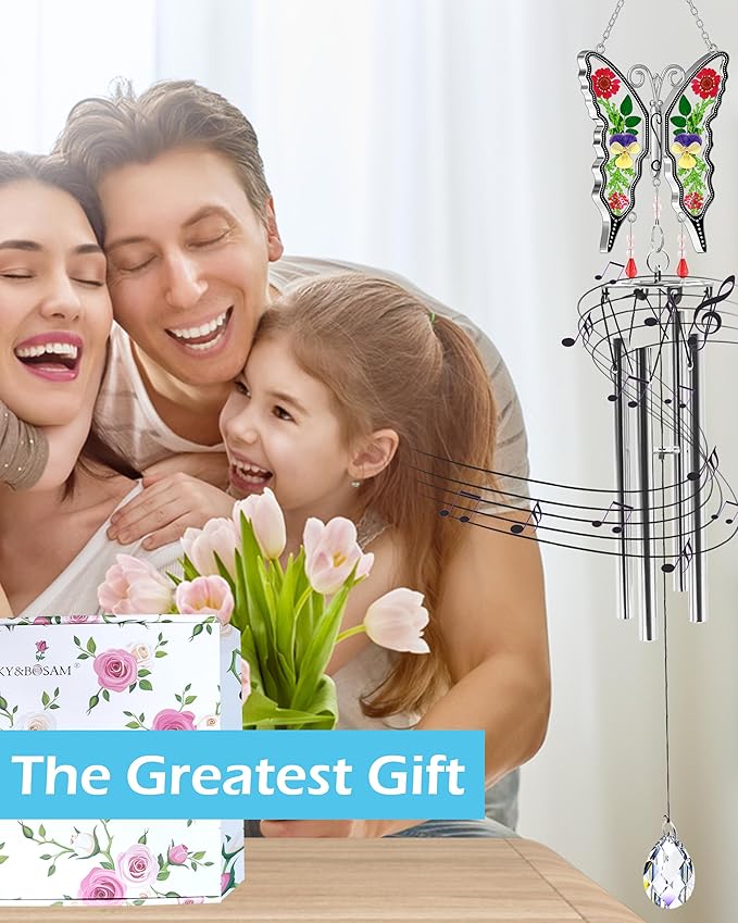 KY&BOSAM Butterfly Wind Chime for Outside with Crystal Sympathy Wind Spinner Wind Chimes Memory Memorial Wind Chime for Loss of Loved One Mother Father Condolence Gift Home Outdoor Garden Patio Decor