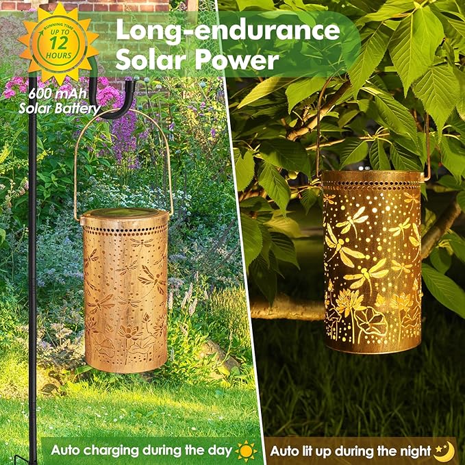 Fabuday Dragonfly Lotus Outdoor Solar Lantern Waterproof - Hanging Solar Power 8 Color Light Led for Outside, Garden Decor for Patio, Porch, Balcony, Yard and Deck, Gardening Gifts for Women Mom