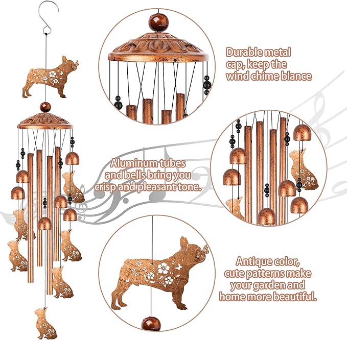 French Bulldog Wind Chimes for Outside, Bulldog Gifts for Women Men Metal Windchimes Outdoors, Dog Home Garden Patio Yard Decor