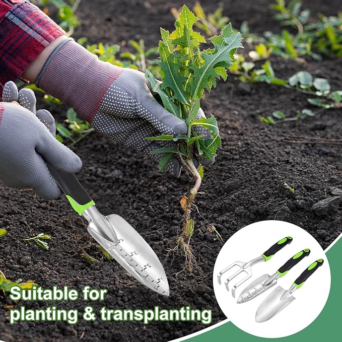 HARFINGTON 3pcs Garden Tools Set Metal Garden Hand Shovels and Hand Rake Tools Kit for Gardening Planting Weeding, Green