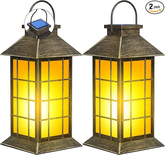 2 Pack 13" Patina Solar Lantern with Flickering Flame Candle | Outdoor Waterproof Hanging Lanterns, Metal & Glass Solar Lights for Garden Decoration, Rustic Outdoor Gifts for Mom