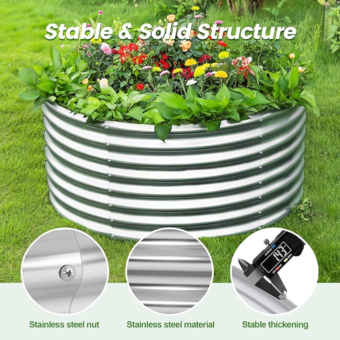 Land Guard 4×4×2ft Galvanized Raised Garden Bed Kit, Round Galvanized Planter Raised Garden Boxes Outdoor, Large Metal Raised Garden Beds for Vegetables, Silver