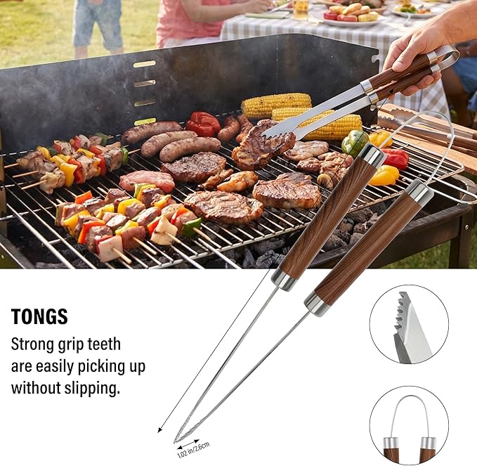 Yekale BBQ Grill Accessories Set, Grill Tools Grilling Accessories Grilling Gifts for Men - Spatula, Fork, Brush, Tongs & Cleaning Brush - Outdoor Barbecue Utensils Gifts for Men Dad Him (Wood)