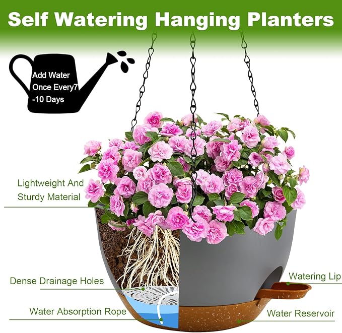 12 inch Hanging Planters for Indoor Plants, 2 Pack Self-Watering Hanging Planter Pots with Chain and Drainage Holes, Outdoor Plastic Hanging Baskets for Garden Home Decor