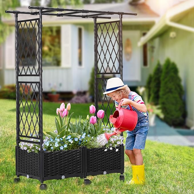 Lalahoni Planter with Trellis, 4.5ft Trellis Planter Self-watering Box with Wheels for Outdoor Plants Tomato Flower Vegetable Herb Vine Garden Patio, Plastic Raised Bed Trellis with Drainage Hole, 1PC