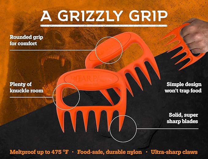 Bear Paws Meat Claws - The Original Meat Shredder Claws for Pulled Pork, USA Made - Easily Lift, Shred, Pull and Serve Pork, Chicken, Brisket and Turkey - Gift for Dad on Christmas! (Orange)