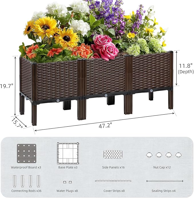 TooCust Rattan Raised Garden Bed with Legs-Large Self Watering Rectangular Elevated Planter Box 47" L x 16" W x 20" H, Deep Outdoor Garden Beds for Vegetables, Flowers, Herbs, Patio & Balcony