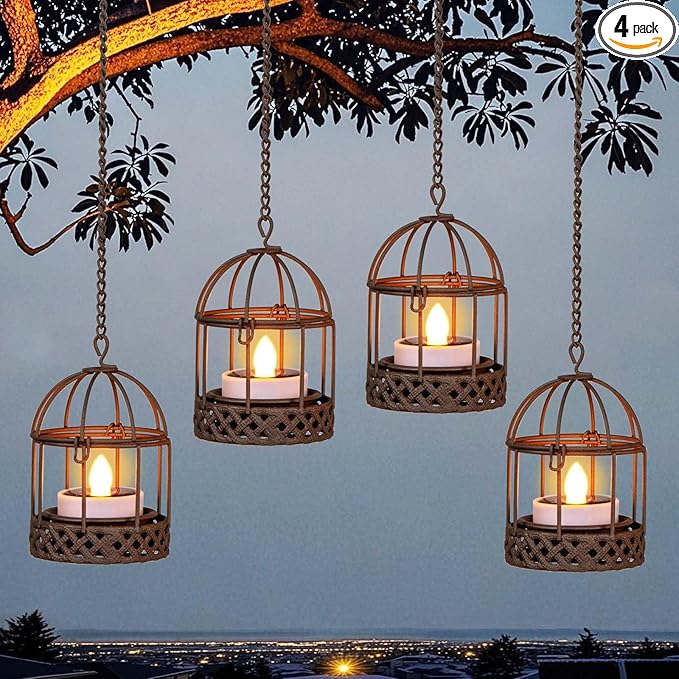 Solar-Hanging-Lanterns-Outdoor-Waterproof, Rust Birdcage Style Candle Holders with Flickering Solar Tea Lights for Backyard Patio Garden Fence Tree Decoration (4 Pack)