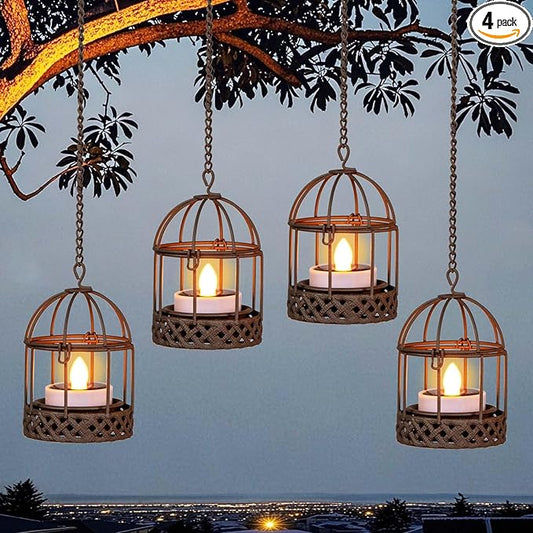 Solar-Hanging-Lanterns-Outdoor-Waterproof, Rust Birdcage Style Candle Holders with Flickering Solar Tea Lights for Backyard Patio Garden Fence Tree Decoration (4 Pack)