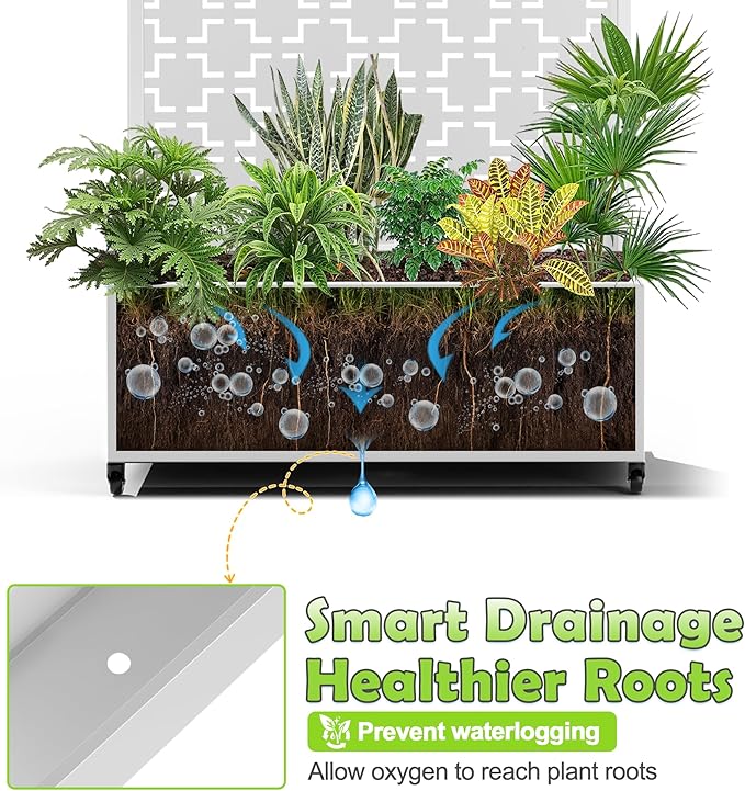 15.7"×70.9"×35.4" Metal Raised Garden Bed with Trellis and Wheels - Tall Trellis Planter Box for Climbing Plants, Vegetables & Vines - Outdoor Privacy Planters for Patio (White-Square)