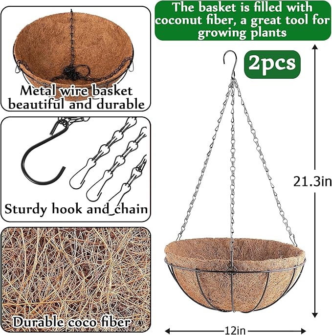 Orgrimmar 2 Pack 12" Metal Hanging Planter Basket with Coco Coir Liner, Small Round Wire Plant Holder with Chain for Hanging Plant and Flower