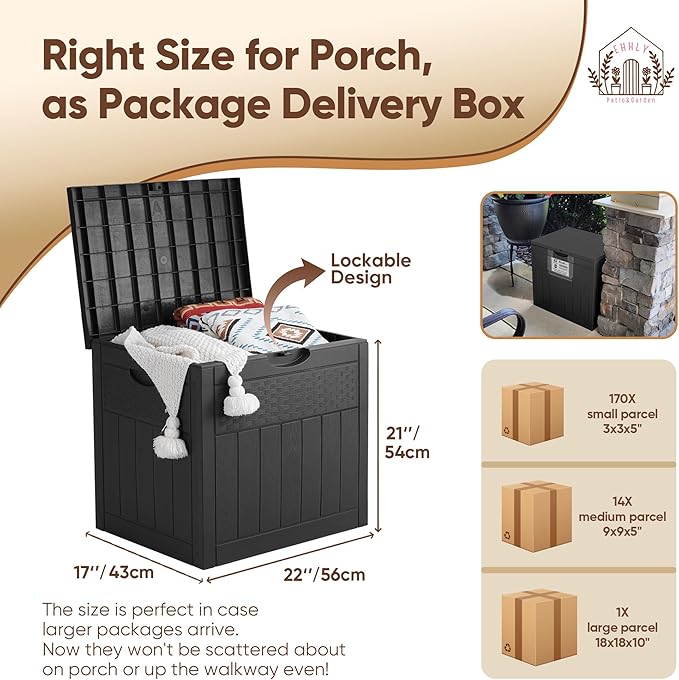 EHHLY 33 Gallon Deck Box, Small Outdoor Storage Box Waterproof, Lockable Secure Package Bin Delivery Box for Outside Front Porch, Patio Cushions Storage Box, Delivery Driver Snack Box for Porch, Black