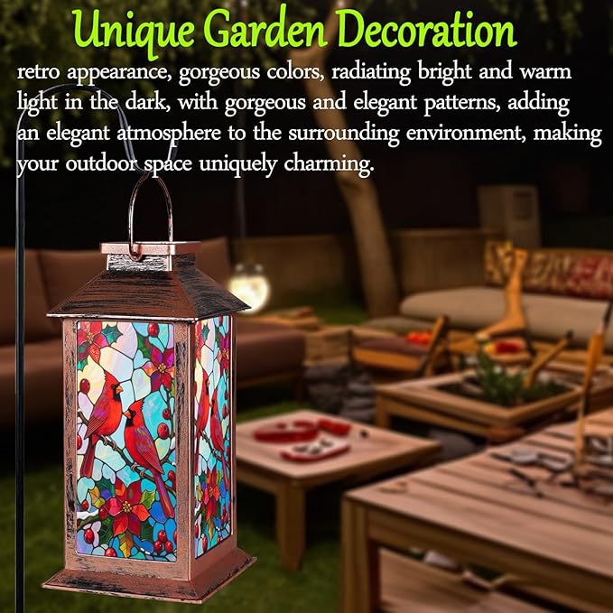 Solar Lantern Outdoor Waterproof Garden Decor Hanging Solar Lights Bird Decorative LED Lanterns,Birthday Gifts for Women Mom Christmas Gifts for Yard Patio Lawn Tabletop Pathway Landscape(Cardinal)