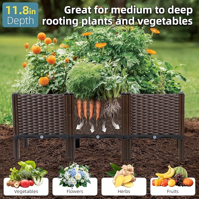 TooCust Rattan Raised Garden Bed with Legs-Large Self Watering Rectangular Elevated Planter Box 47" L x 16" W x 20" H, Deep Outdoor Garden Beds for Vegetables, Flowers, Herbs, Patio & Balcony