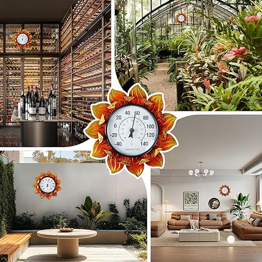 Sunflower Wall-Mounted Outdoor Thermometers, 11 Inch Indoor Outdoor Thermometer Decorative for Patio, Living Room,Wine Cellar, Garden Home Decor, No Batteries Required