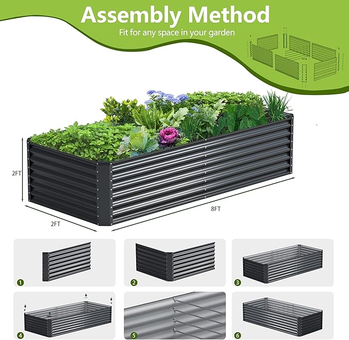 8x2x2FT Galvanized Raised Garden Bed Kit,Vegetable Boxes-Rectangle Metal Flower Box,Large Planter Raised Beds Outdoor Garden for Planting,Fruit,Herb-Grey