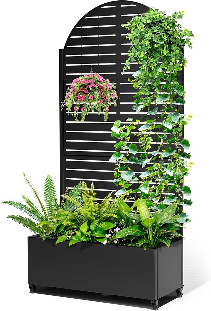 Metal Raised Garden Bed with Trellis, 2-in-1 Planter Box & Privacy Screen for Climbing Plants, Outdoor Standing Flower Bed with Drainage Holes, 35.4" L x 15.7" W x 70.1" H, Black-Louvered