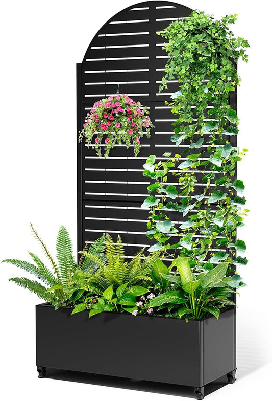 Metal Raised Garden Bed with Trellis, 2-in-1 Planter Box & Privacy Screen for Climbing Plants, Outdoor Standing Flower Bed with Drainage Holes, 35.4" L x 15.7" W x 70.1" H, Black-Louvered