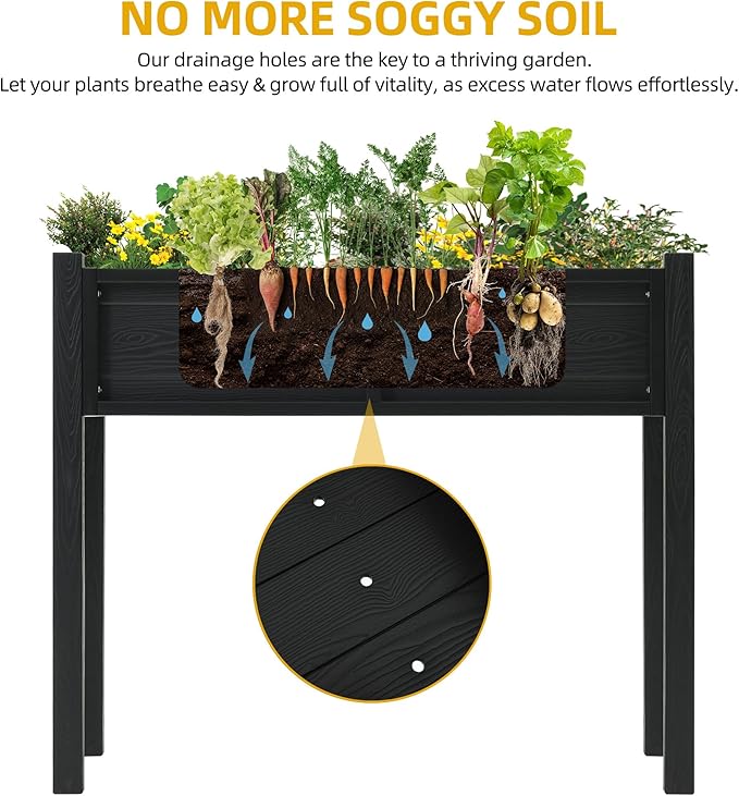 DWVO Raised Garden Bed with Legs All-Weather Elevated Planter Box Outdoor with Drainage System Patio Planters for Herbs Vegetables Flowers Plant Bed for Garden Balcony Backyard, Black