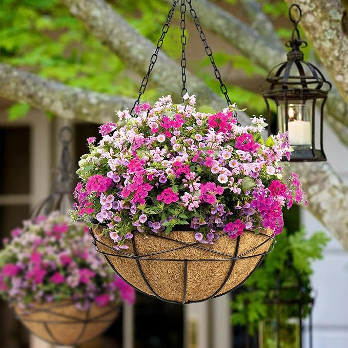 Hanging Planters for Outdoor Plants: 4 Pack 16 Inch Hanging Baskets Flower Pots with Coco Liners & Plastic Saucer Extra Large Deep Hanging Plant Holder for Porch Balcony Garden Décor