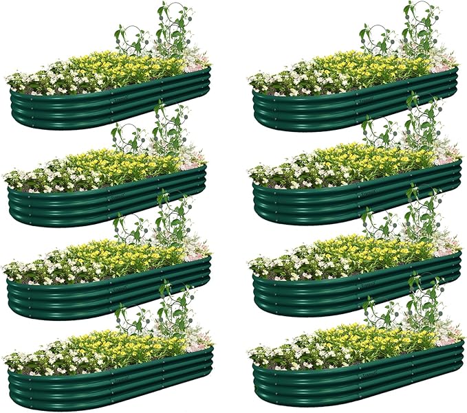 8 Pack 8x4x1FT Galvanized Raised Garden Bed Kit Oval Metal Ground Planter Box Outdoor Bottomless Planter Raised Beds for Vegetables Flowers Herbs Fruits, Green