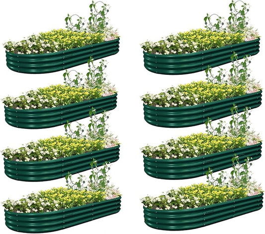 8 Pack 8x4x1FT Galvanized Raised Garden Bed Kit Oval Metal Ground Planter Box Outdoor Bottomless Planter Raised Beds for Vegetables Flowers Herbs Fruits, Green