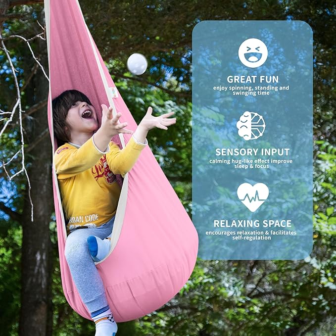 OUTREE Kids Pod Swing Seat, Cotton Child Hammock Swing Chair,Sensory Swing for Indoor and Outdoor Use, Pink