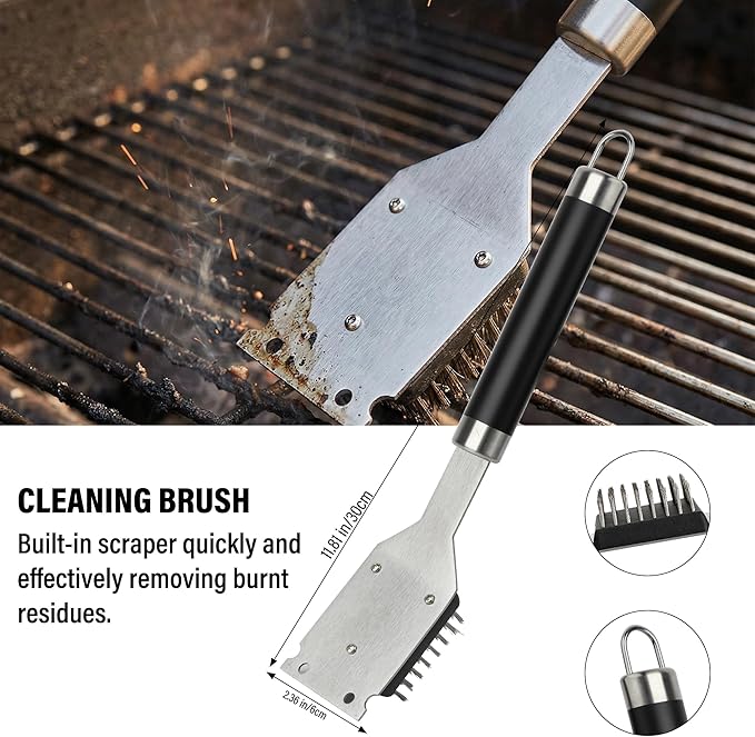 Yekale BBQ Grill Accessories Set, Grill Tools Grilling Accessories Grilling Gifts for Men - Spatula, Fork, Brush, Tongs & Cleaning Brush - Outdoor Barbecue Utensils Gifts for Men Dad Him (Black)