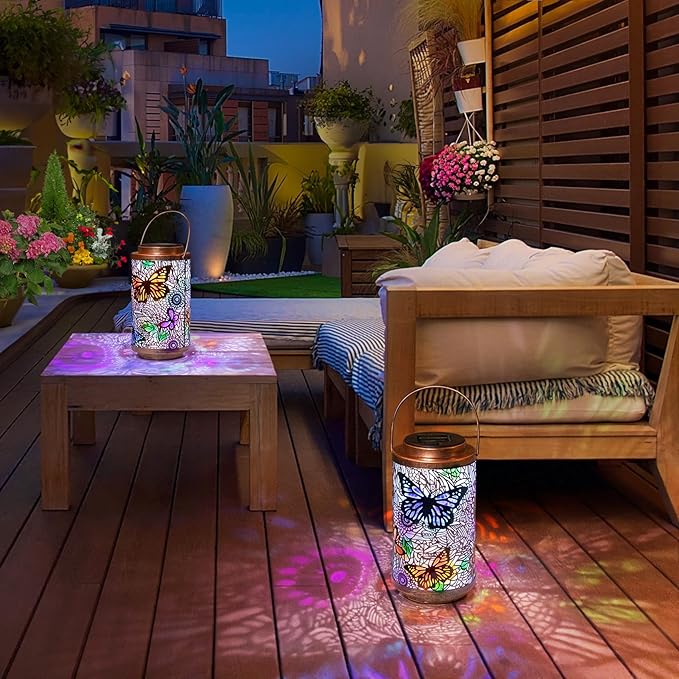 2Pack Solar Outdoor Lanterns Waterproof Butterfly Colorful Garden Gifts for Women, Multicolor Solar Outside Lights Lantern for Yard, Backyard, Porch, Mothers Day Gifts for Mom Grandma Wife