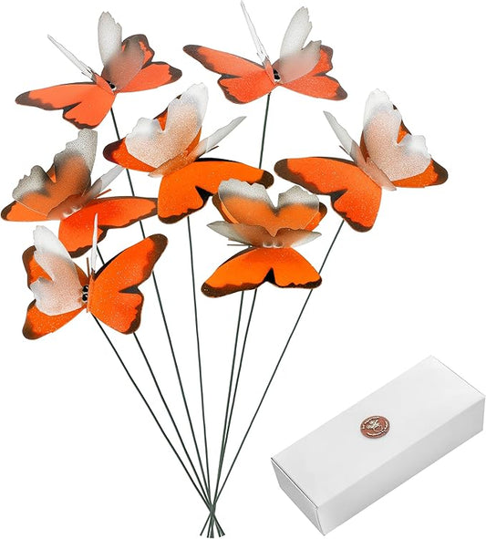 Handmade Orange Butterfly Garden Stakes - Set of 7 Premium 3D Hand-Painted Butterflies with Fluttering Spring Movement, Weatherproof Metal Rod, Outdoor Indoor Decor, Ideal Gift
