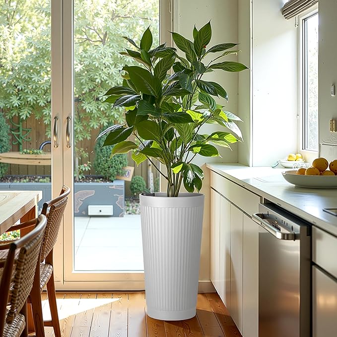 24in Tall Self-Watering Planters Set of 2 - White Flower Pots with Water Level Monitor, Non-Toxic Plastic Planters for Indoor Outdoor Patio, Porch, Living Room, Home Office